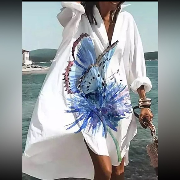 Butterfly Oversized Bohemian Casual Beach Shirt Dress Swimsuit Coverup - Picture 1 of 4